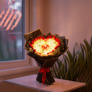 Valentine Day 27 Red Roses with LED Lights in Black & Gold Wrap