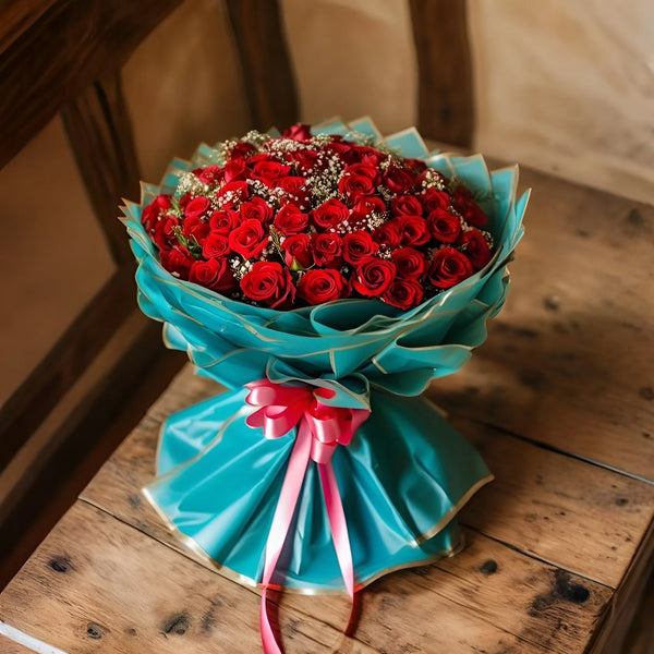 100 Red Roses in Green Premium Packing