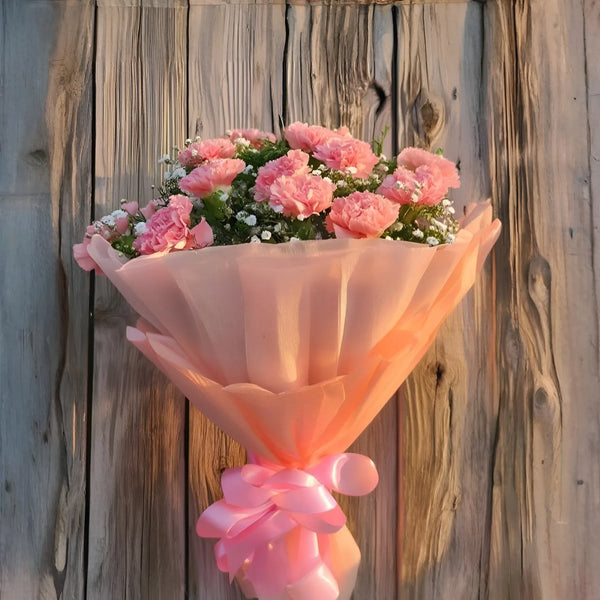15 Pink Carnations with Gypsum Flowers and Premium Packing