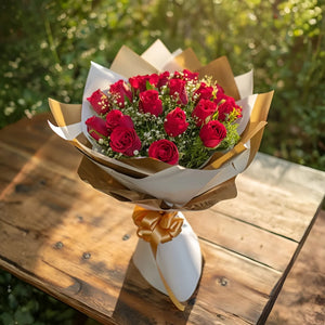 25 Red Roses with White & Gold Premium Packaging