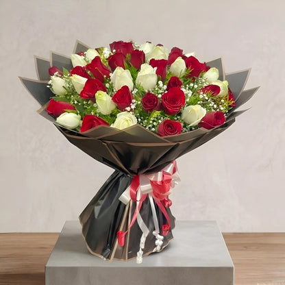 25 White and 25 Red Roses in Premium Packaging