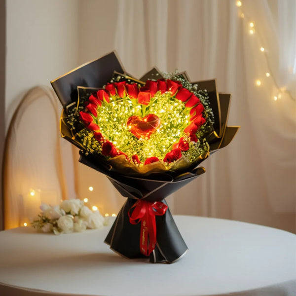 Valentine Day 27 Red Roses with LED Lights in Black & Gold Wrap