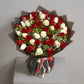 25 White and 25 Red Roses in Premium Packaging