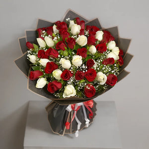 25 White and 25 Red Roses in Premium Packaging