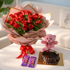 Valentine Special 25 Red Roses with Cake, Teddy & Chocolates Combo