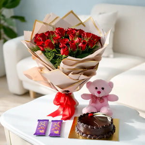 Valentine Special 25 Red Roses with Cake, Teddy & Chocolates Combo