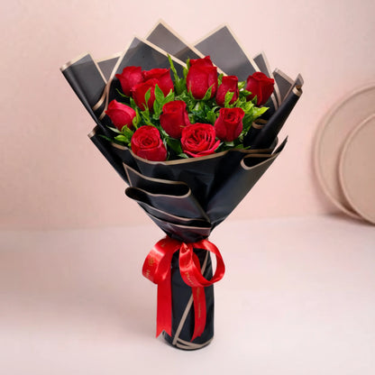 Valentine Special 12 Red Roses with Black & Gold Premium Paper Packing