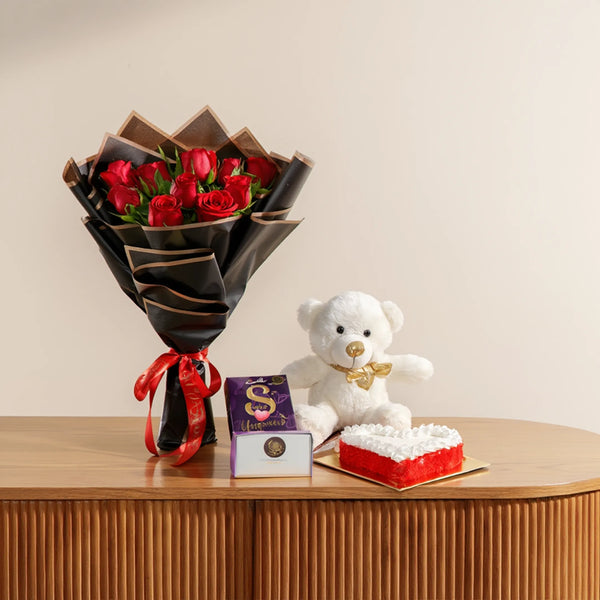 Valentine Day 12 Red Roses with Teddy & Heart-Shaped Red Velvet Cake