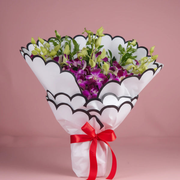 Valentine Day 10 Purple Orchids with White Curve Premium Paper