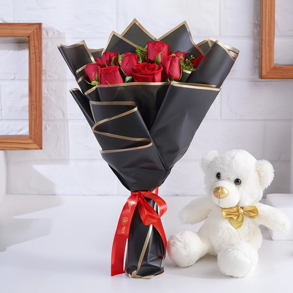12 red rose with Black golden premium paper packing and teddy