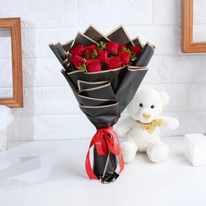 12 red rose with Black golden premium paper packing and teddy
