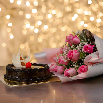 Pink roses with half kg pure chocolate truffle