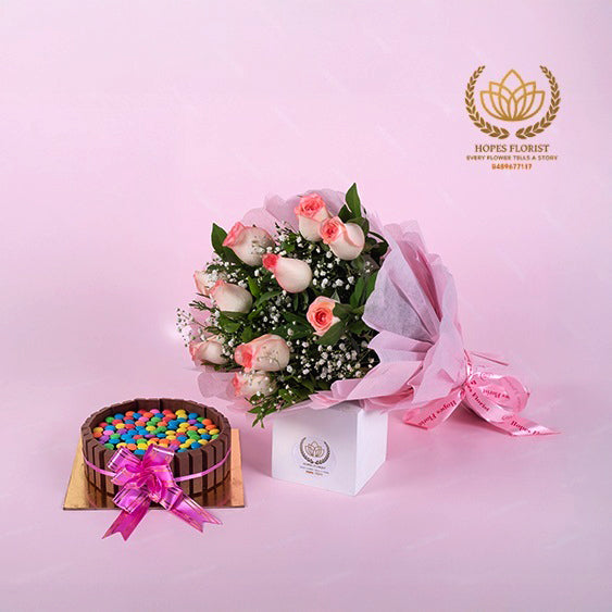 Pink rose with Kitkat Gems cake