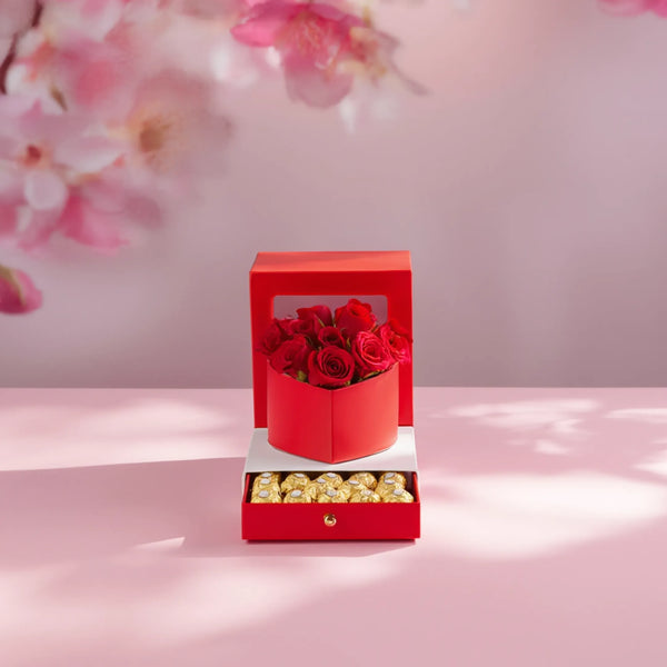 Valentine Day Heart-Shaped Rose Box with Ferrero Rocher Chocolates