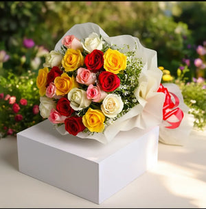 20 Mixed Roses with White Paper Packing