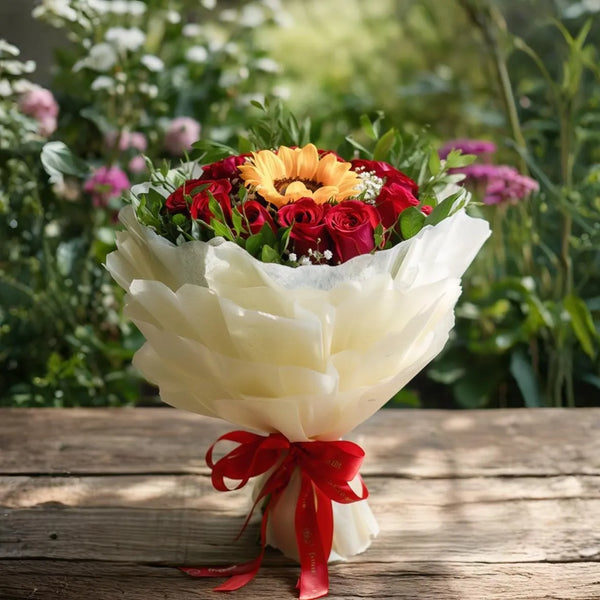 15 Red Roses with Sunflower Premium Packing