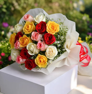 20 Mixed Roses with White Paper Packing