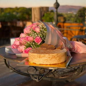 Pink roses with chocolate silk cake