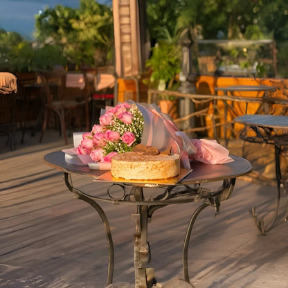 Pink roses with chocolate silk cake