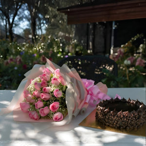 12 pink roses with choclate chips cake