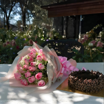 12 pink roses with choclate chips cake