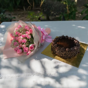 12 pink roses with choclate chips cake